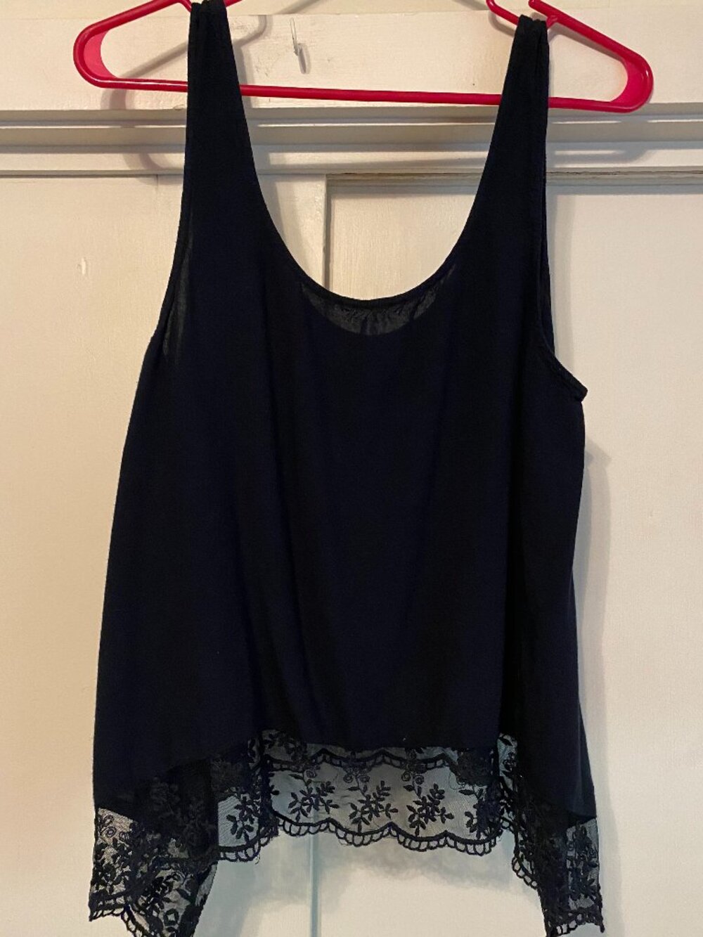 American Eagle Outfitters, black asymmetrical tank w/lace bottom, size M